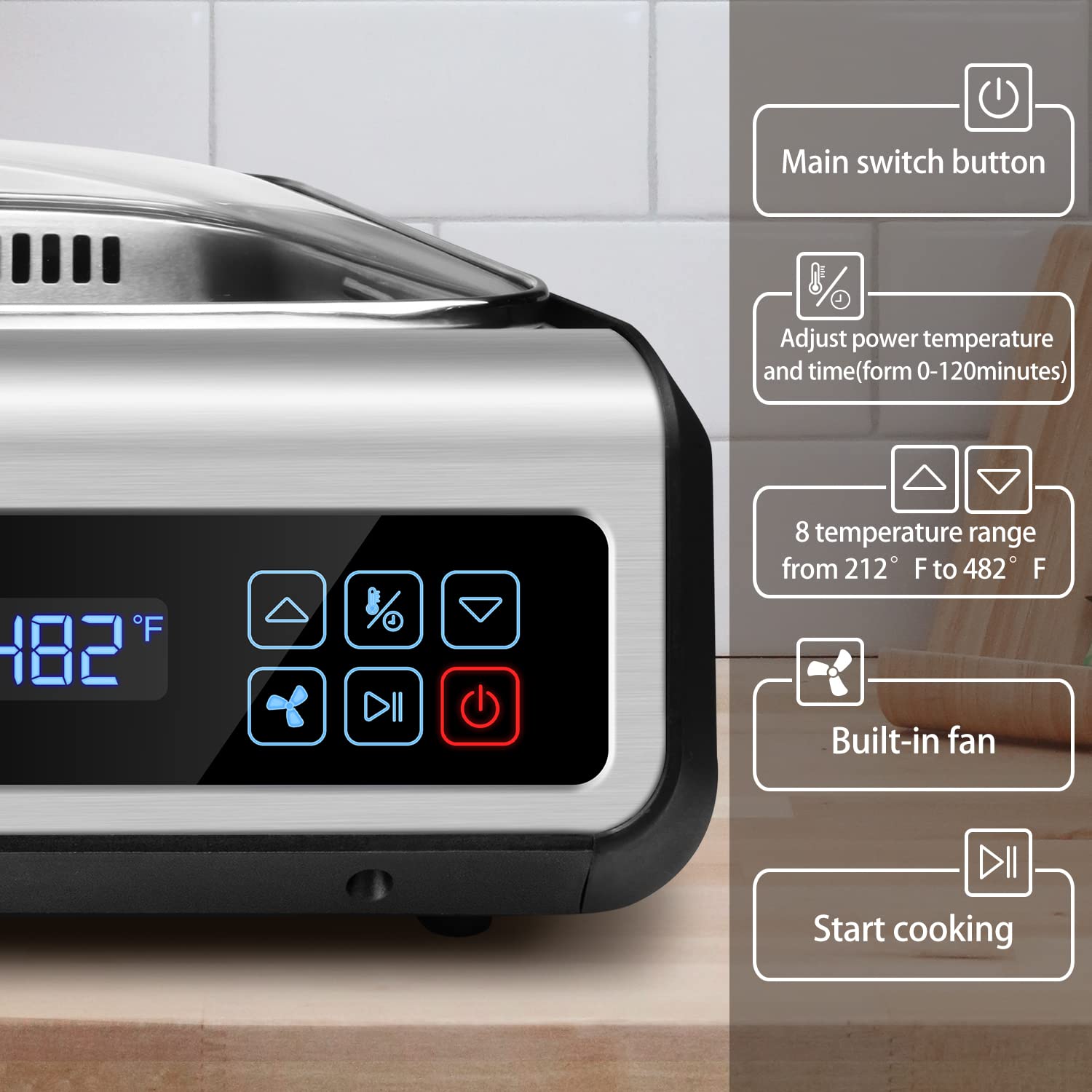 Condition photo showing New/Like New for smokeless indoor grill, techwood 1500w tempered glass lid & led smart control panel, 8-level control