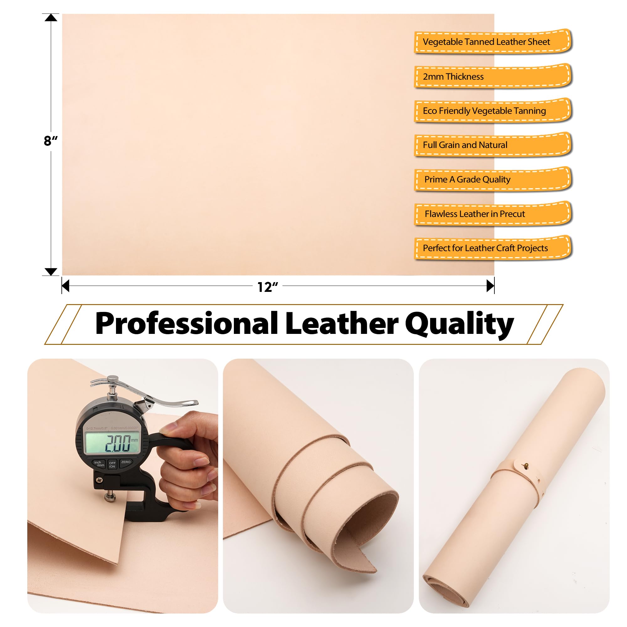 JinRuiKJ A Grade Tooling Leather Square 1.8-2.0MM Thick, Vegetable Tanned Leather Pieces Precut 8