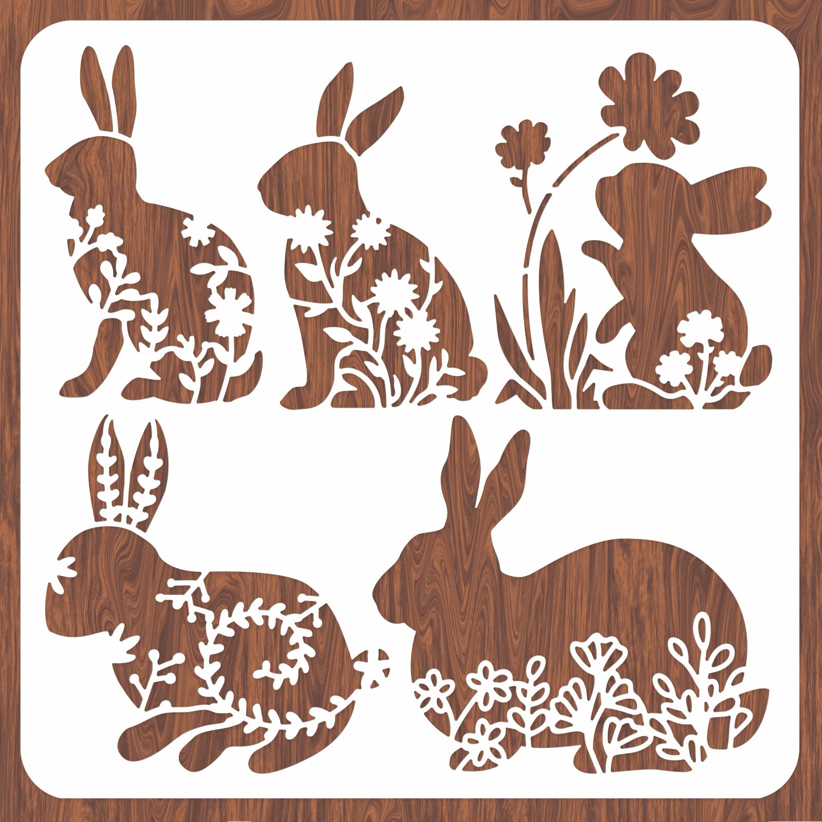 INFUNLY Easter Rabbit Stencil for Painting 11.8x11.8 Happy Spring Flower Wall Stencils Washable Plastic Bunny Rabbit Drawing Stencils Painting Templates on Wood for Wall Art DIY Home Decor — image 1