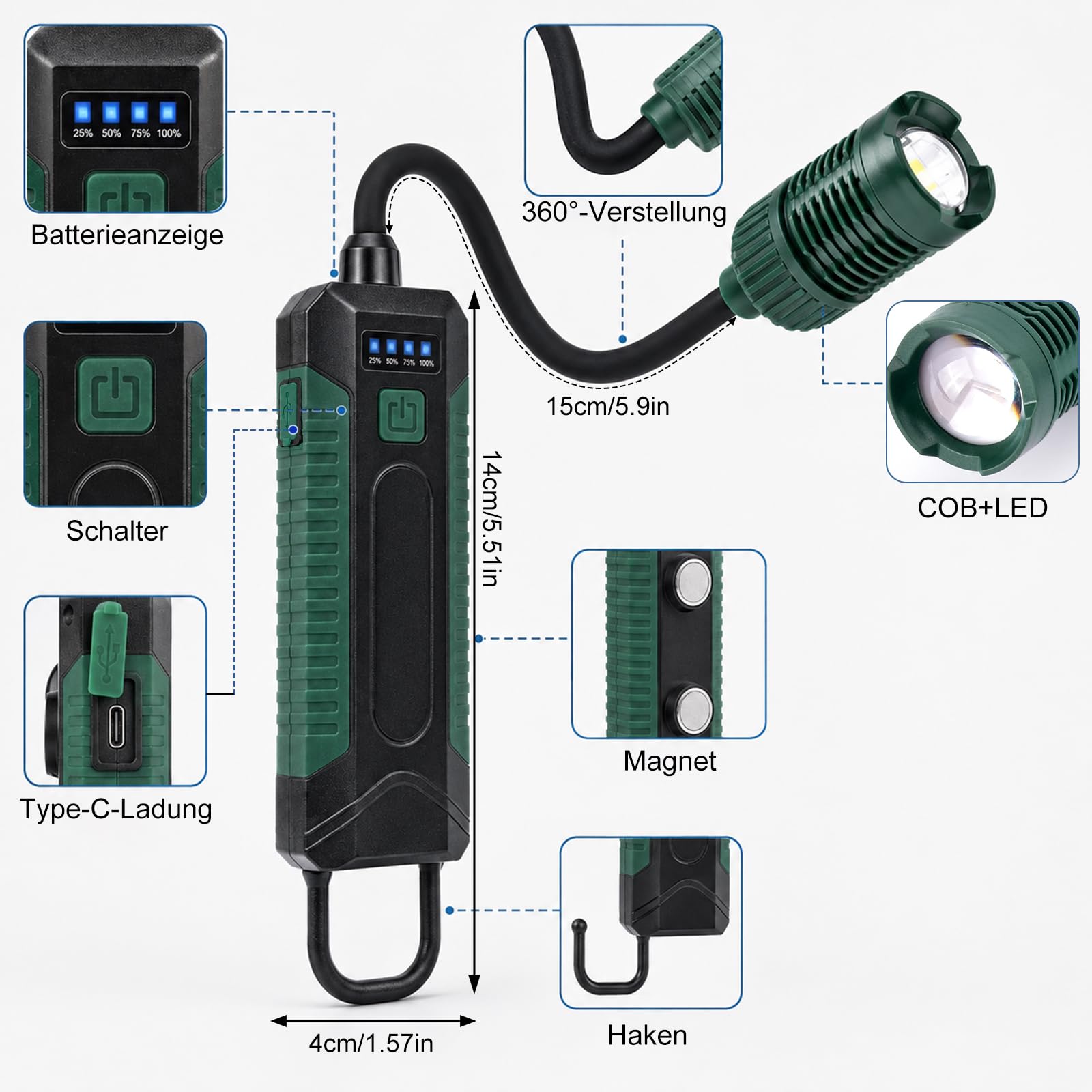 LETOUR Werkstattlampe,LED Arbeitsleuchte mit starkem Magnet & Haken, 3 Lichtmodi & USB C Motorhaubenleuchte freihändige Werkstattlampe mit Ladeanzeige für Auto Reparatur, Garage, Keller 8