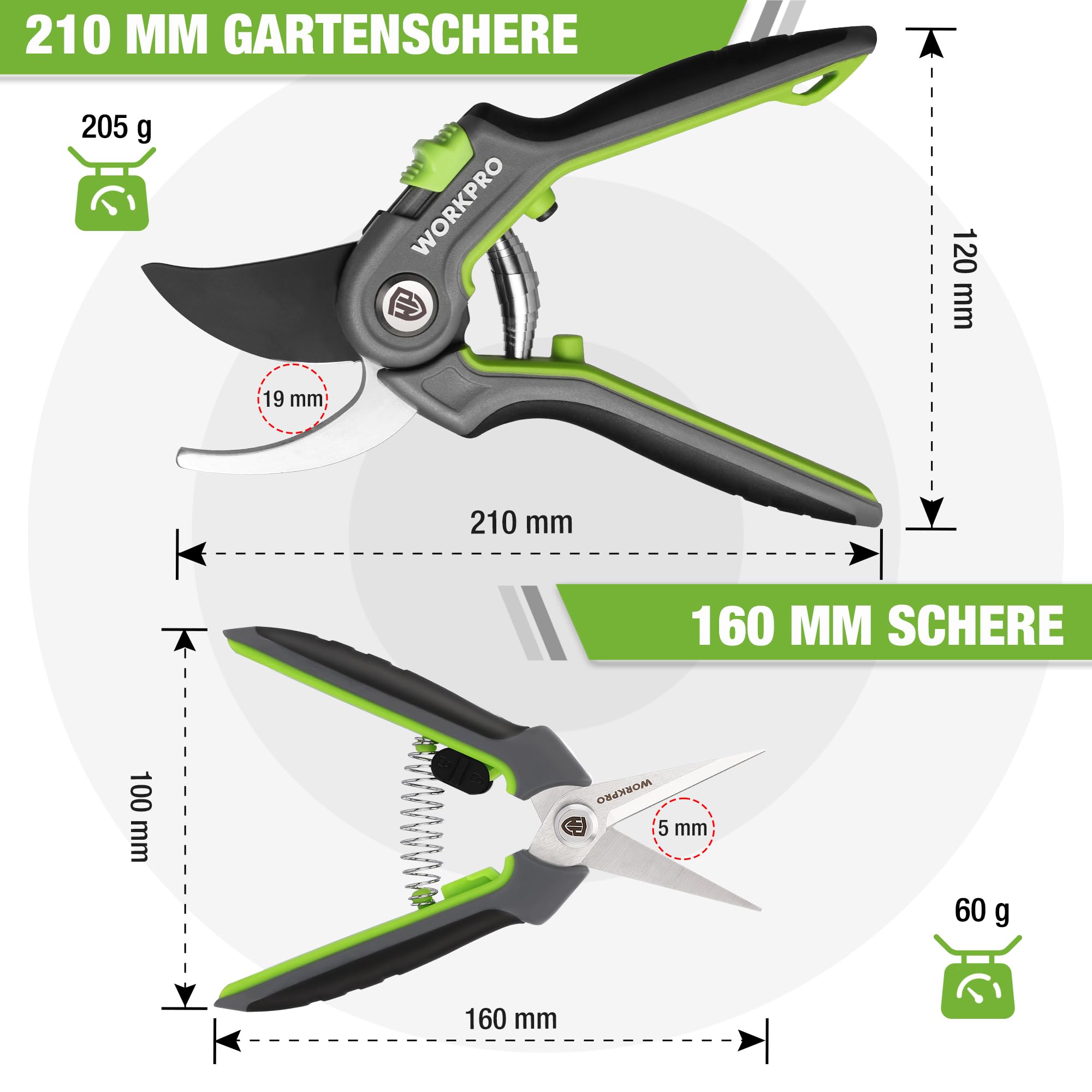 WORKPRO Gartenschere Set 2-tlg, 210mm SK5 Bypass Astschere für frische Zweige, 160mm Ernteschere Pflückschere für Blume und Frucht, Pflanzenschere Baumschere Rosenschere Blumenschere für Gartenarbeit 5