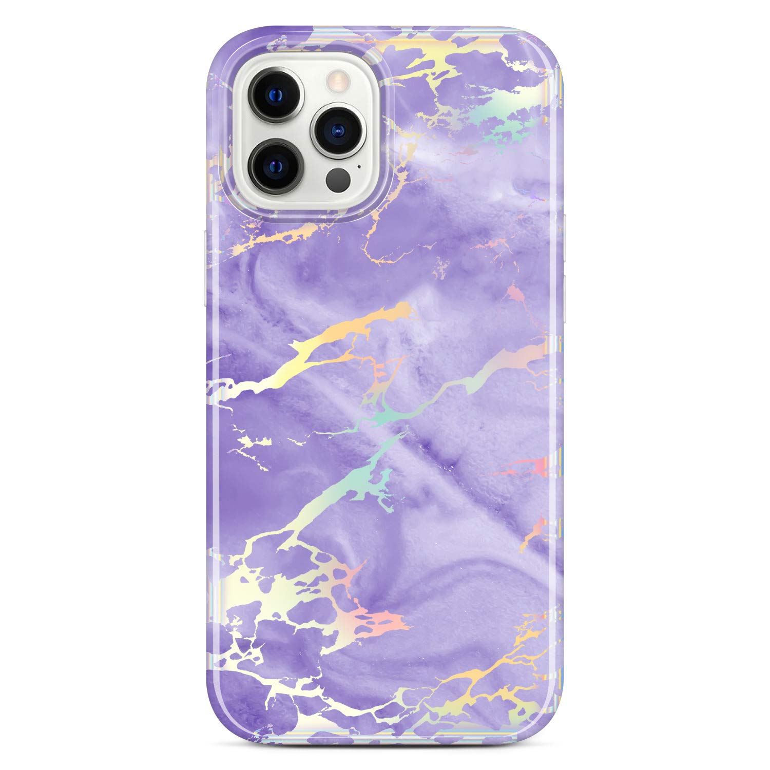 JAHOLAN Case Compatible with iPhone 12 and iPhone 12 Pro Shiny Holographic Marble Design Clear Bumper TPU Soft Rubber Silicone Cover Phone Case 6.1 inch 2020 Purple Silver — image 1