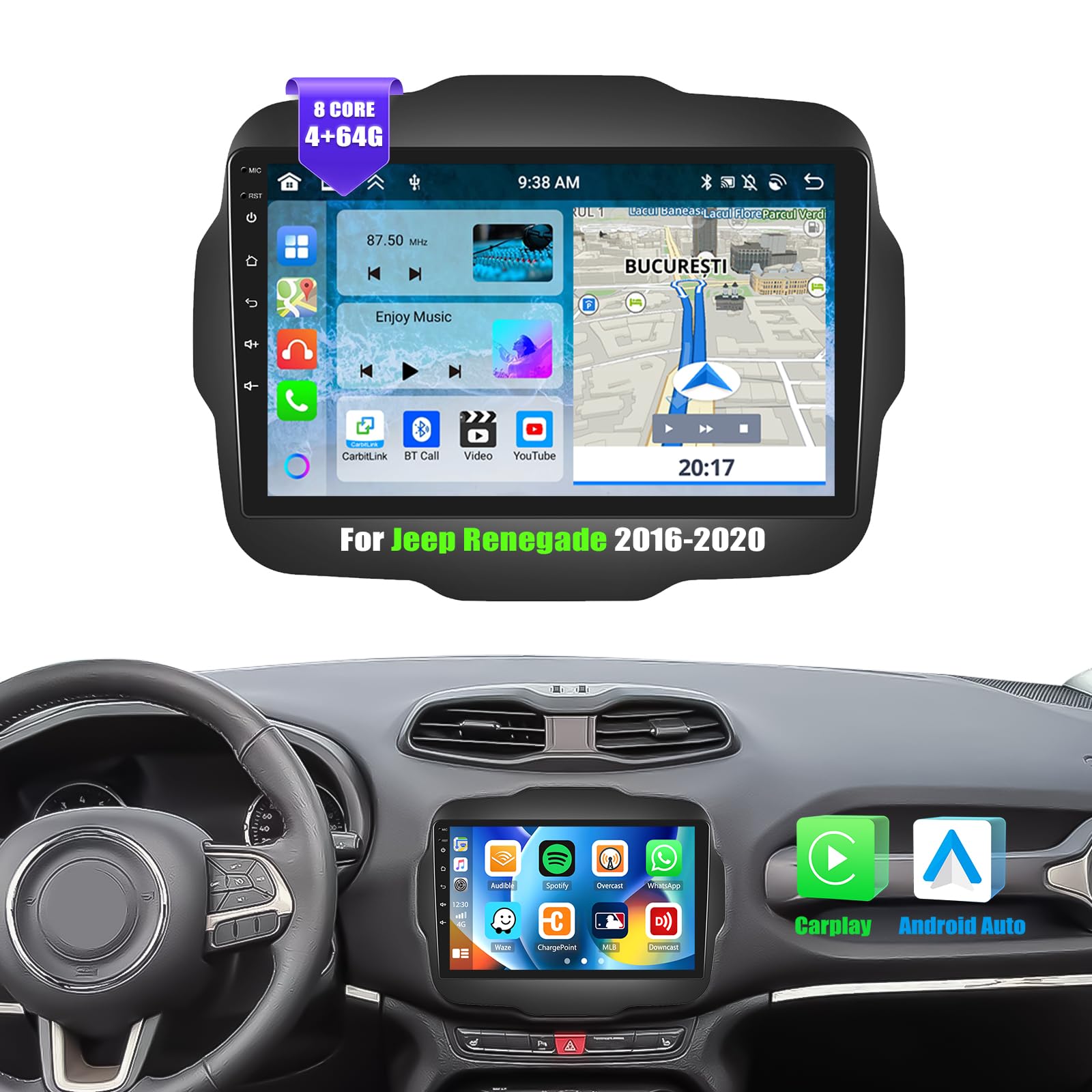 Photo 1 of [8 Core 4G+64G] Android 13 Car Stereo for Jeep Renegade 2016-2020 with Wireless Apple Carplay Android Auto,9'' Touchscreen Car Radio with WiFi,GPS Navigation,Bluetooth,FM/RDS,SWC+Backup Camera
