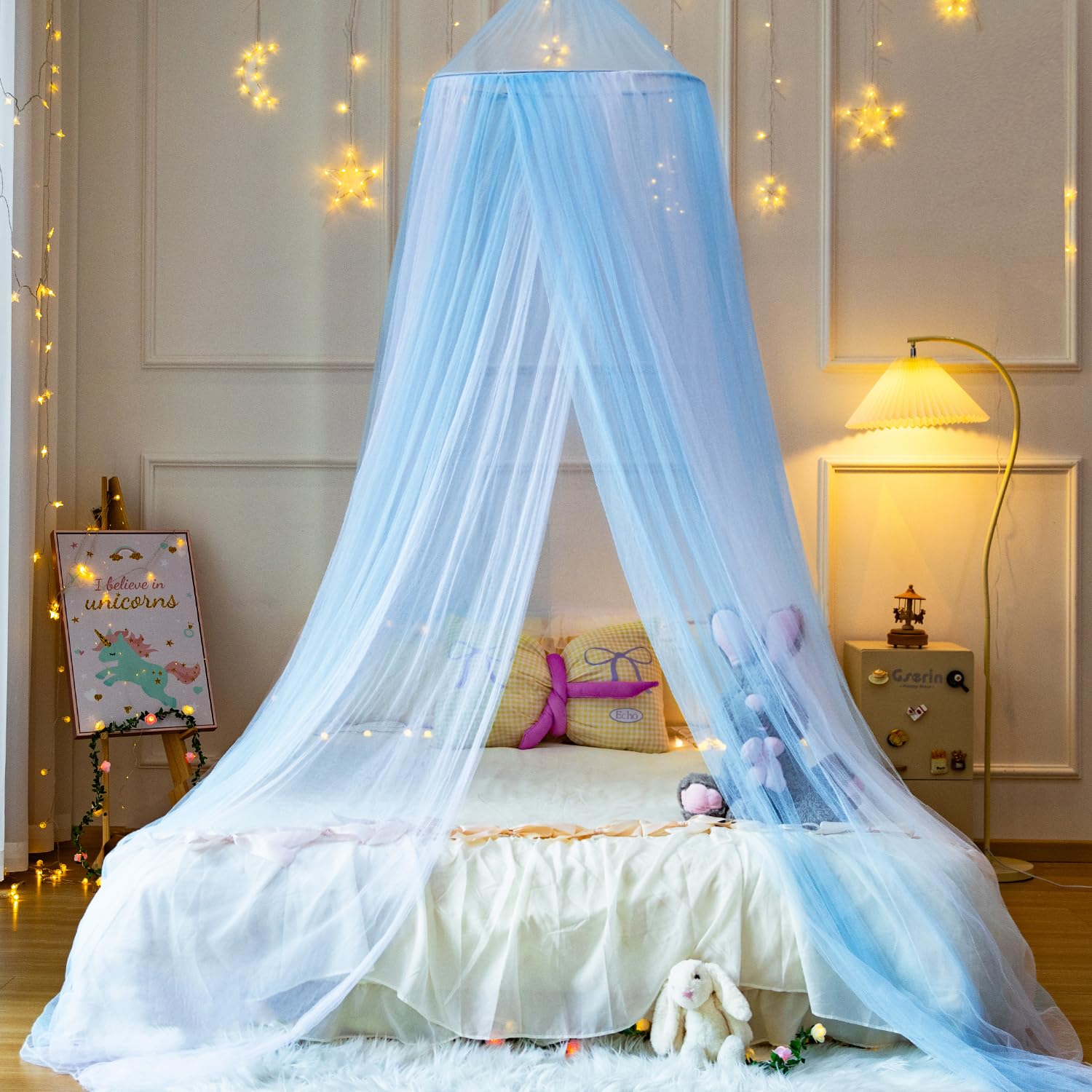 Wnqou White Blue Bed Canopy Mosquito Net,Princess Hanging Netting for Kids Bed Room Decor Mosquito Net for Baby Crib, Twin to King Size Bed