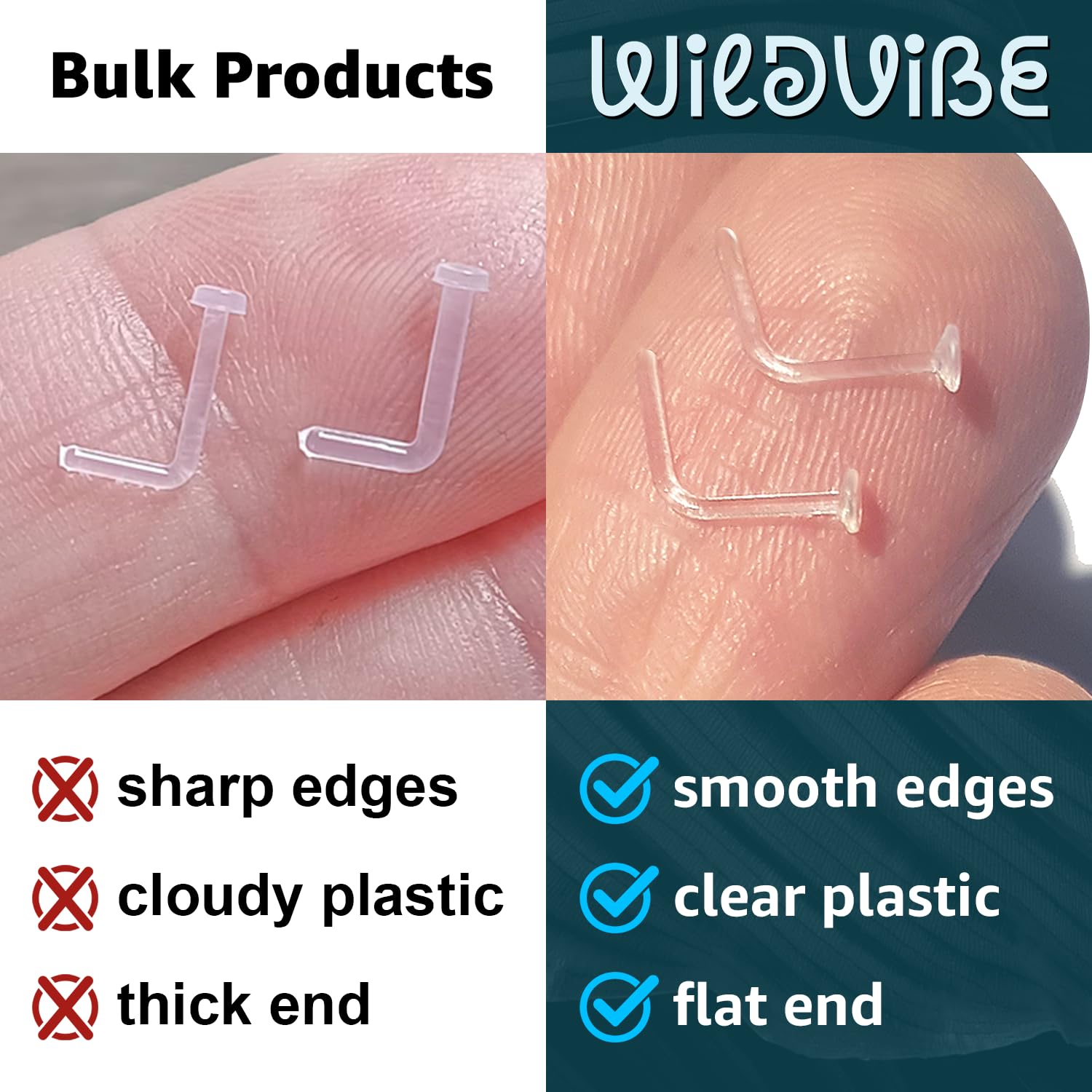 WildVibe 18g Clear Nose Studs for Work - L Shape Clear Nose Rings Piercing Retainers - Bioflex Plastic Nose Rings for Surgery - Flat Top 18 Gauge (1.0mm) 10pcs Pack
