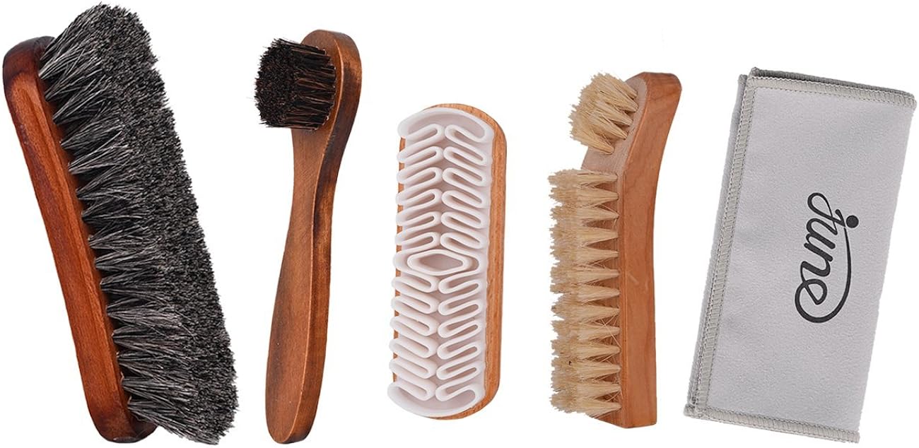 Shoe Shine Brush Kit 5 in 1 with Soft Horsehair Bristle Brush, Crepe