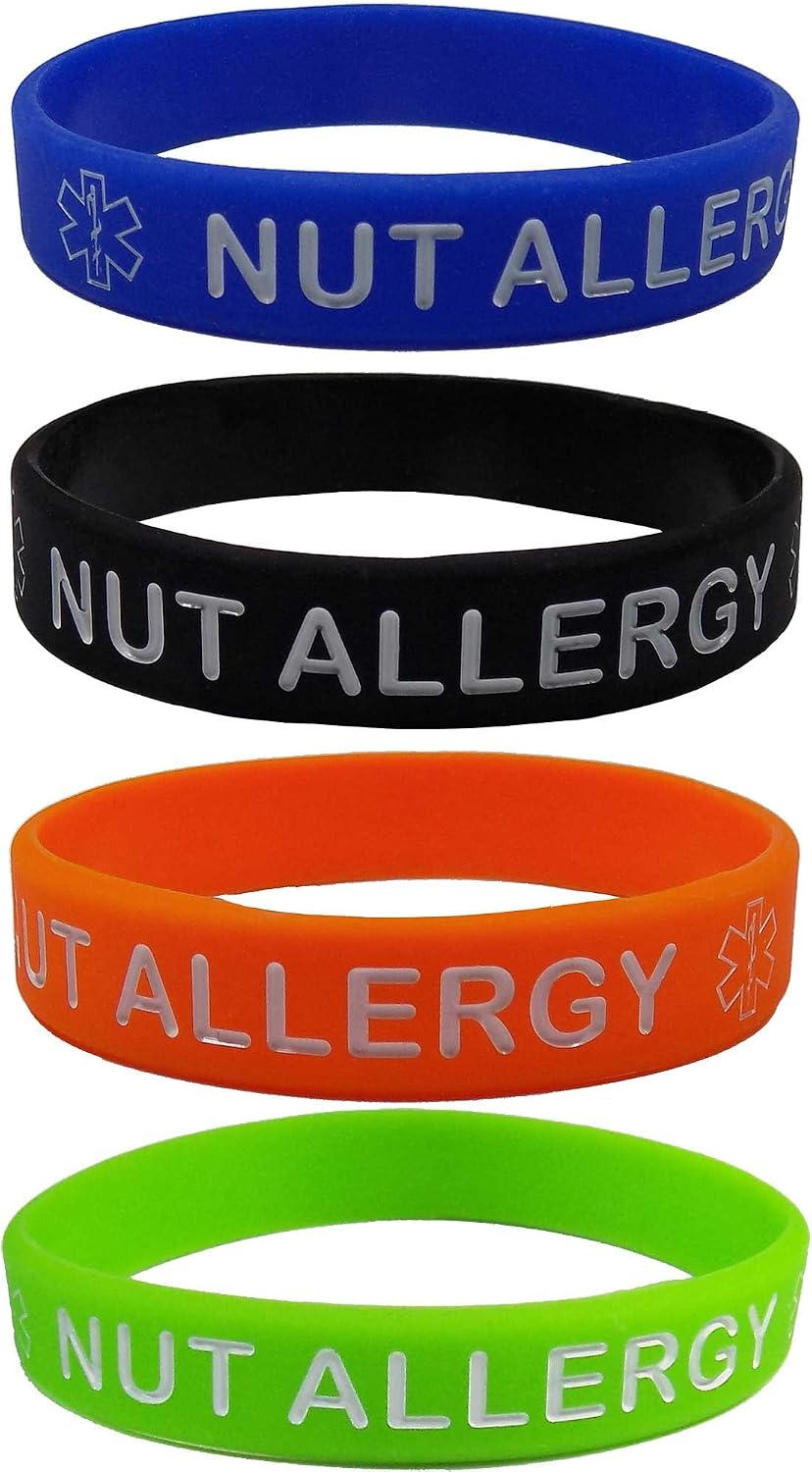 Max Petals NUT Allergy Silicone Wristbands - Blue, Orange, Green and Black Kid's Sizes (4 Pack) (Small Child Size) …