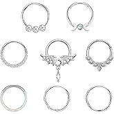 8 Pcs Nose Rings Hoops 316L Surgical Steel Septum Rings CZ Opal Twisted Clicker Nose Rings Hoop Helix Cartilage Daith Tragus Sleeper Earrings Body Piercing for Women Men Silver Gold Hinged Segment Septum jewelry 8mm/10mm