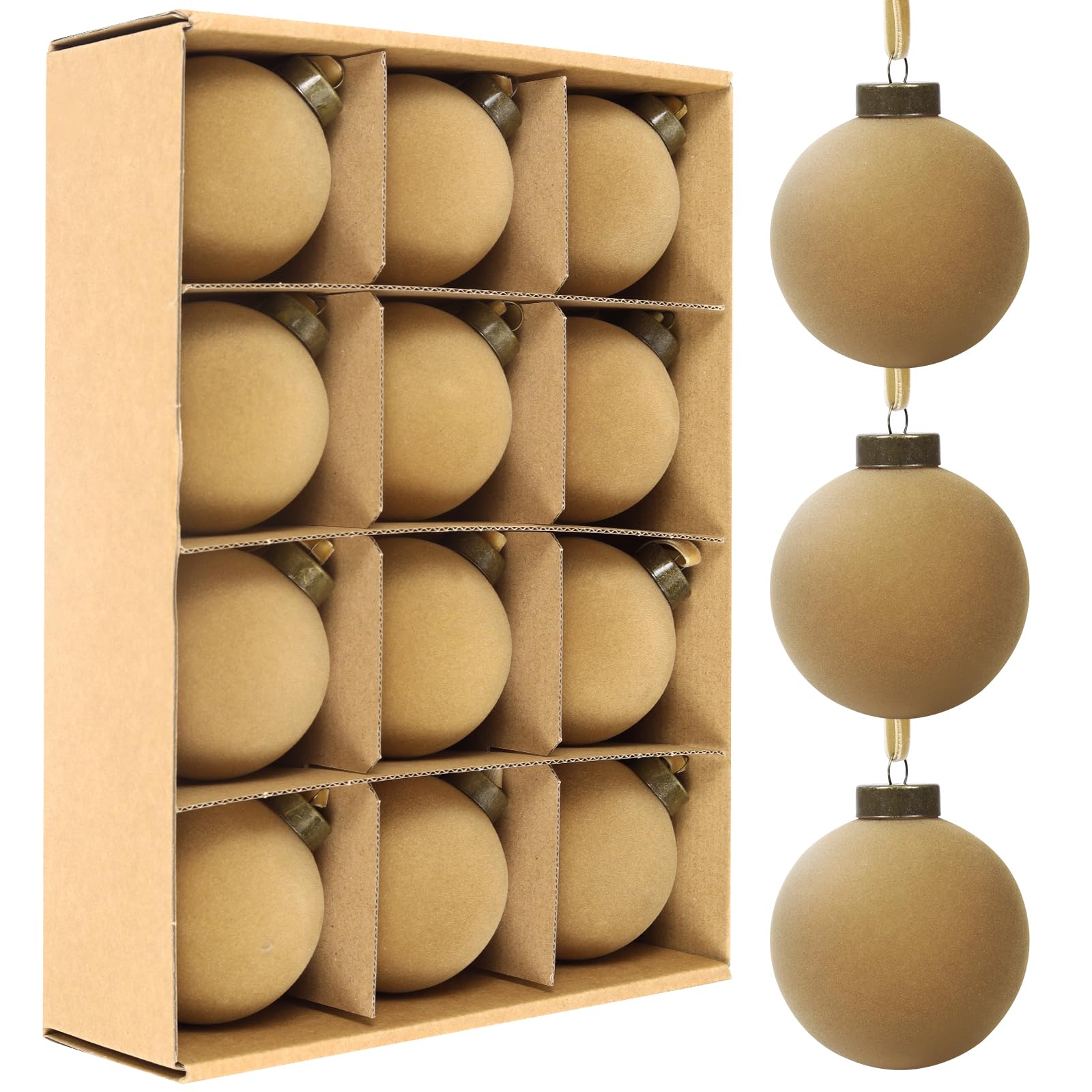 Photo 1 of 12 Pcs Velvet Christmas Balls Bulk Shatterproof Plastic Christmas Tree Decorations for Decorative Hanging Baubles (12, Khaki, 3.15Inch)