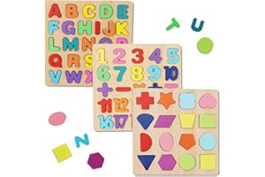 KERARME Wooden Puzzles for Toddlers, Wooden ABC Alphabet Number Shape Puzzles Toddler Learning Puzzle Toys for Kids 1-3 Years Old Boys & Girls, 3 in 1 Montessori Early Education Puzzle for Toddlers