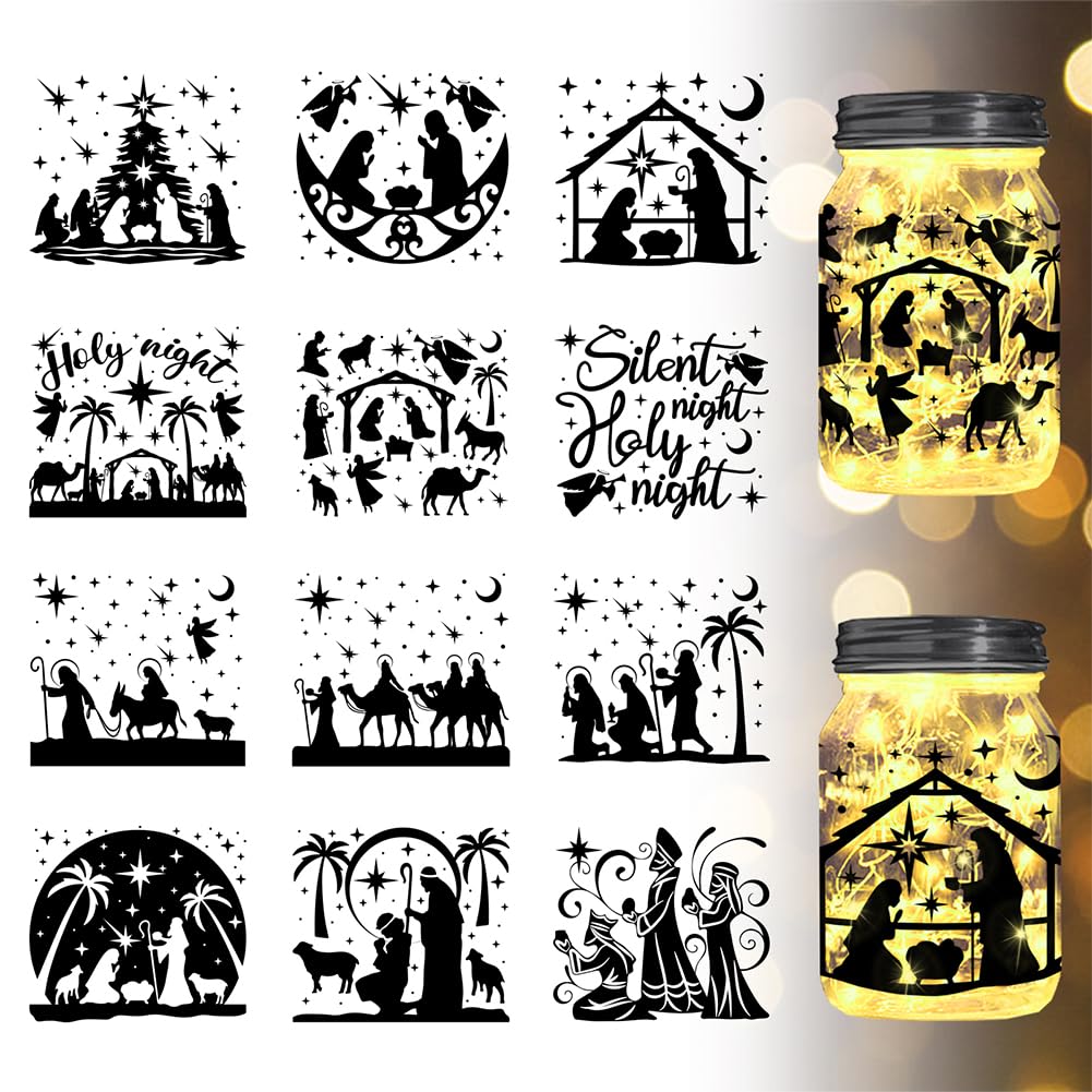GLOBLELAND 12Pcs Nativity Silhouette Jar Cutouts Plastic Silhouette Wall Decals (Not Stickers) Lantern Jar Cutouts Window Lamp Decals Glass Decorations Art Mural Home Decor