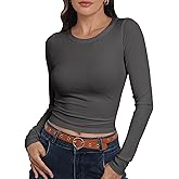 Roselux Womens Long Sleeve Stretch Crewneck Ribbed Knit Fitted Crop Top Casual Basic Shirts