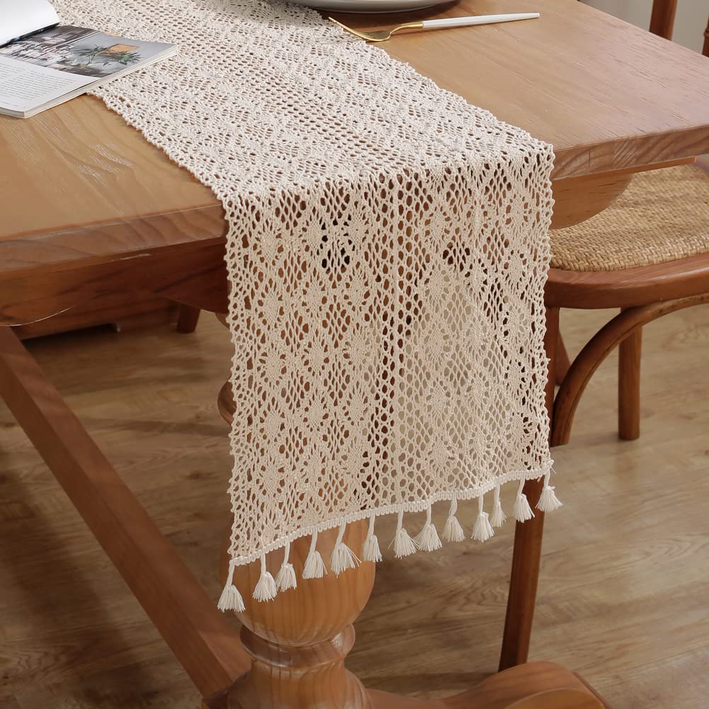 meioro Crochet Table Runners, 26x240cm Lace Table Runner Classic Beige Wedding Tablecloth Vintage Tassel Table Cover for Kitchen Dining Holiday Party Decoration