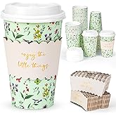 YULLOT To Go Coffee Cups with Lids & Sleeves – Spring Floral Mint Green 50 Pack 16oz Premium Disposable Paper Cups, Weddings, Baby Showers, Birthday Parties, Brunch, Cafés