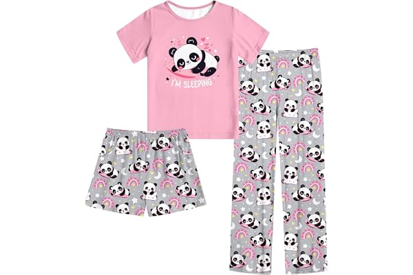 Kinberr Girls Pajamas 3D Print 3 Pieces Pajama Set Snug Fit Nightwear Sleepwear 5-14Y