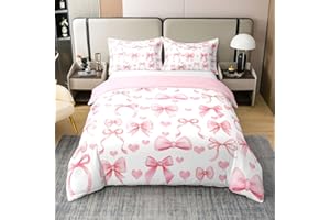 Erosebridal Princess Bow Duvet Cover Set Pink Bow Tie 100% Cotton Comforter Cover | Cute Ribbon Bowknot Full Size Bedding Set
