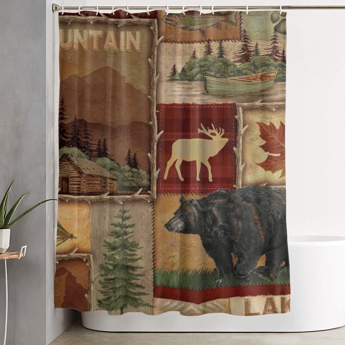 NiYoung Bathroom Shower Curtain Rustic Lodge Bear Moose