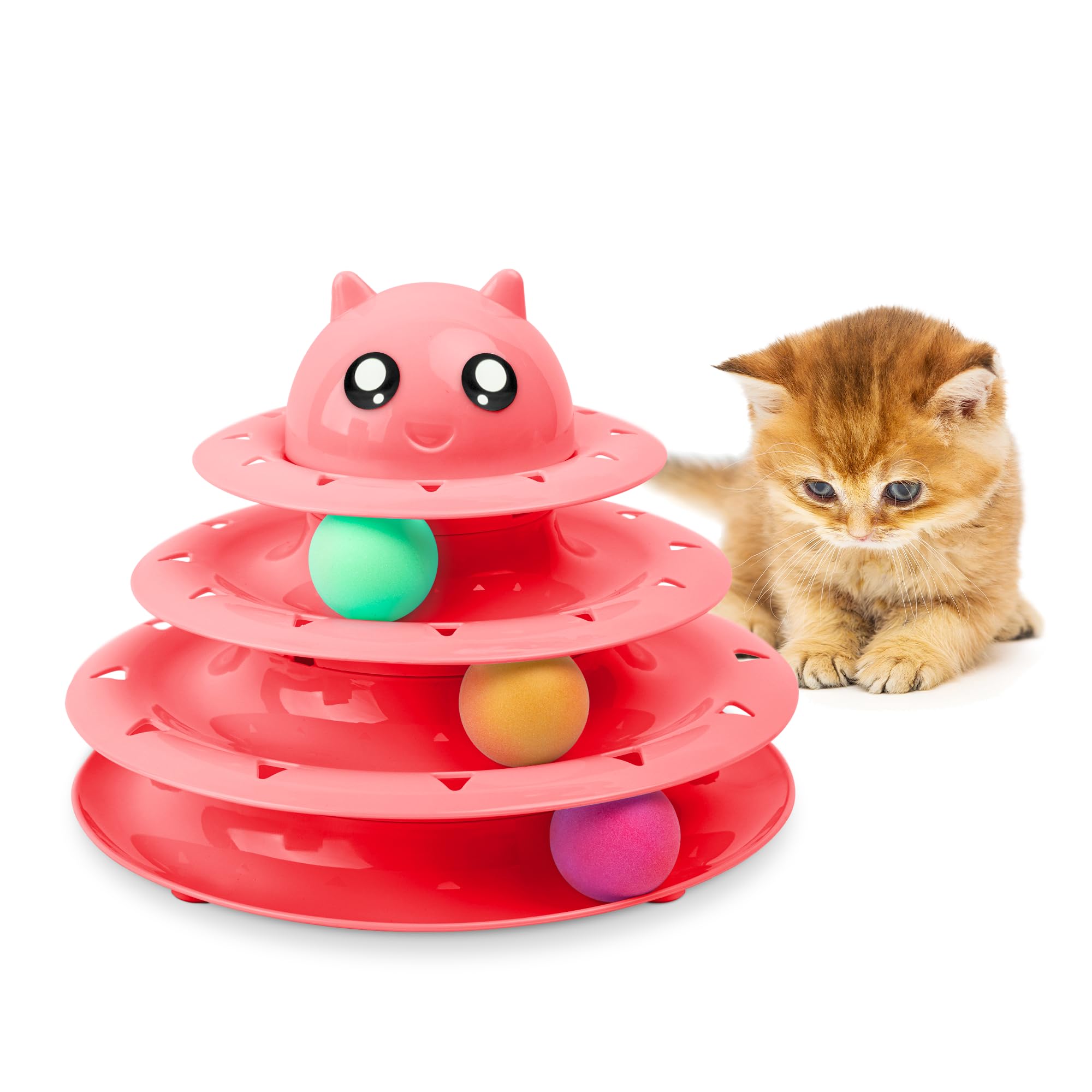 FurDreams Roller Ball Interactive - Pink | 3 Tier Tower Fun Ball with 3 Colour Balls | 3 Level Cat Teaser Toy with Cat Play Balls | Puzzle for Exercise and Stimulation