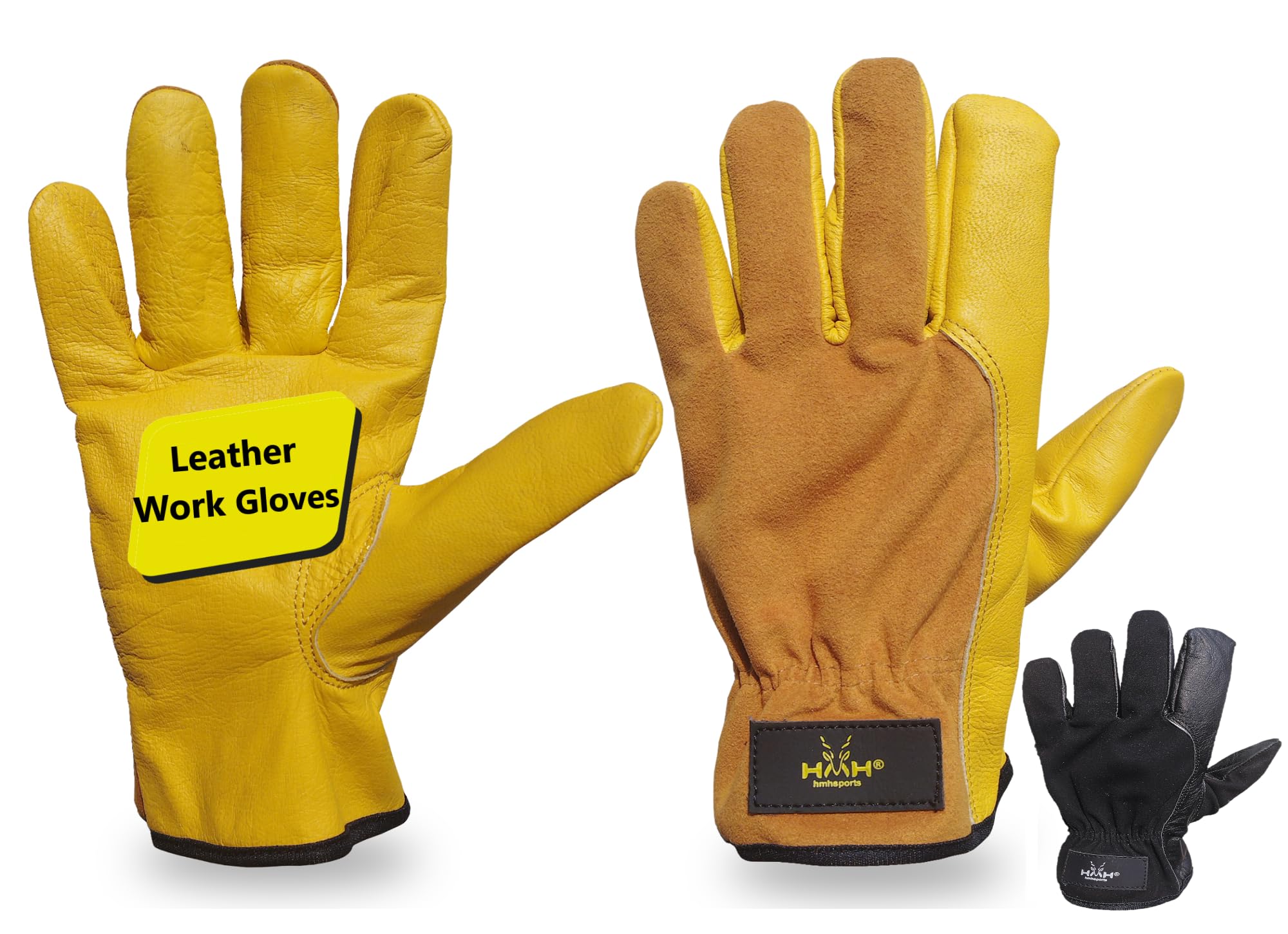 HMH Sports Leather Gardening Gloves - Tough Breathable Safety Gloves for Men & Women - Protective with Strong Grip (Yellow, M)