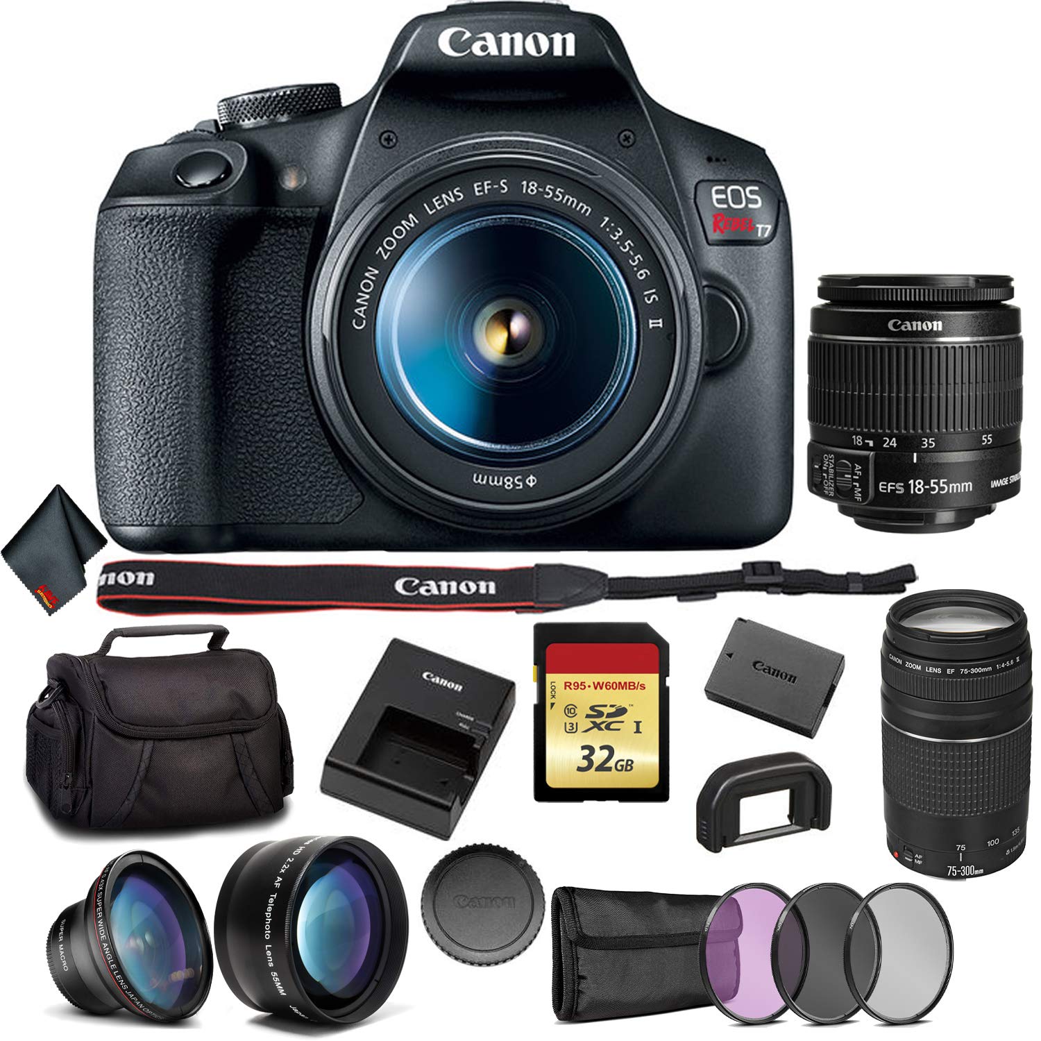 Canon EOS Rebel T7 DSLR Camera Bundle +2 Lenses (1855 + 75300mm Lens