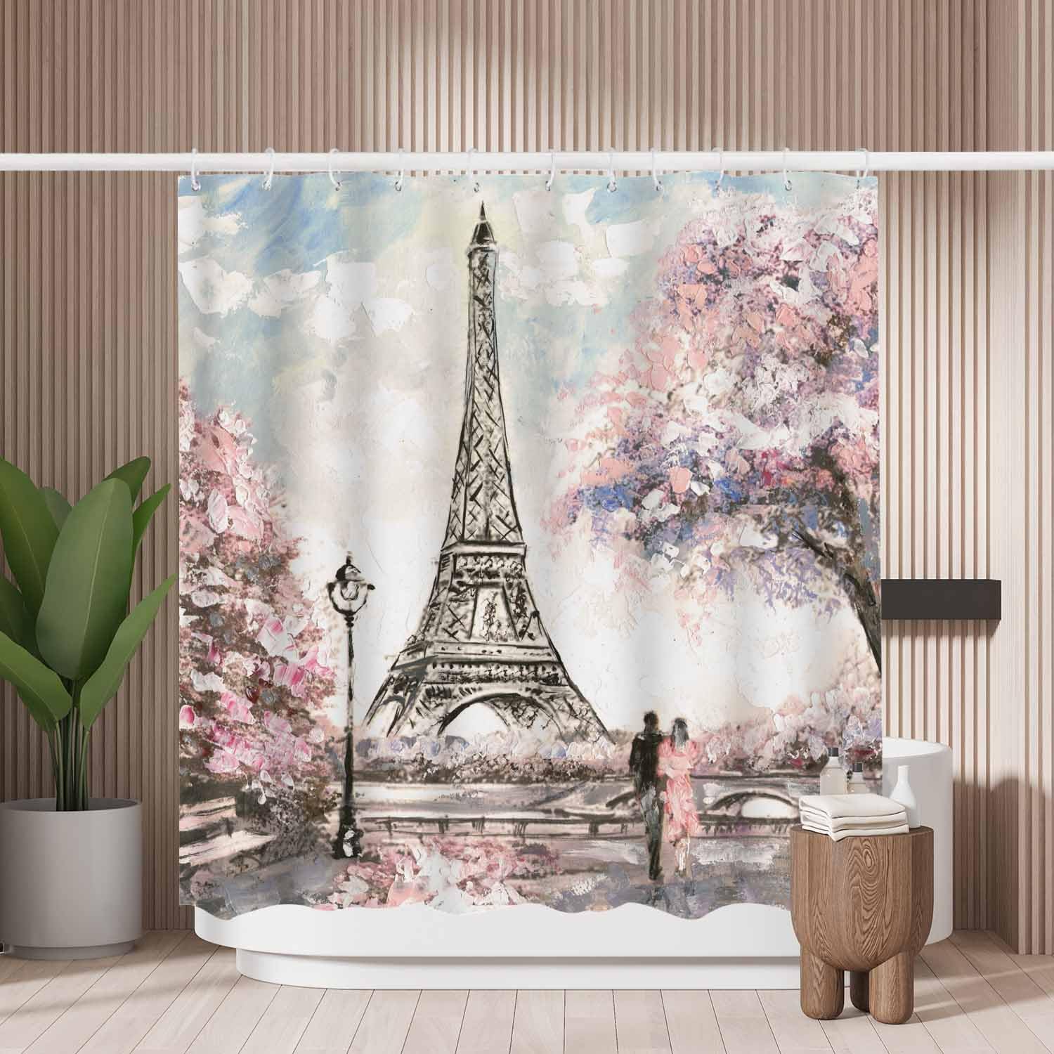 Woutay Shower Curtain Mould Proof Resistant Street View of Paris Landscap,Water Repellant Fabric,Polyester,with 12 Plastic Hooks