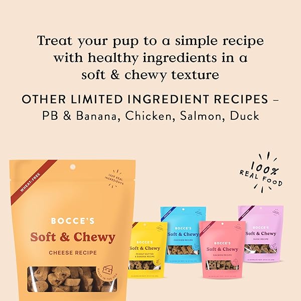 BOCCE’S BAKERY OVEN BAKED CHEESE RECIPE TREATS FOR DOGS, WHEAT-FREE EVERYDAY DOG TREATS, MADE WITH REAL INGREDIENTS, BAKED IN THE USA, NATURAL SOFT & CHEWY COOKIES, CHEESE, 6 OZ
