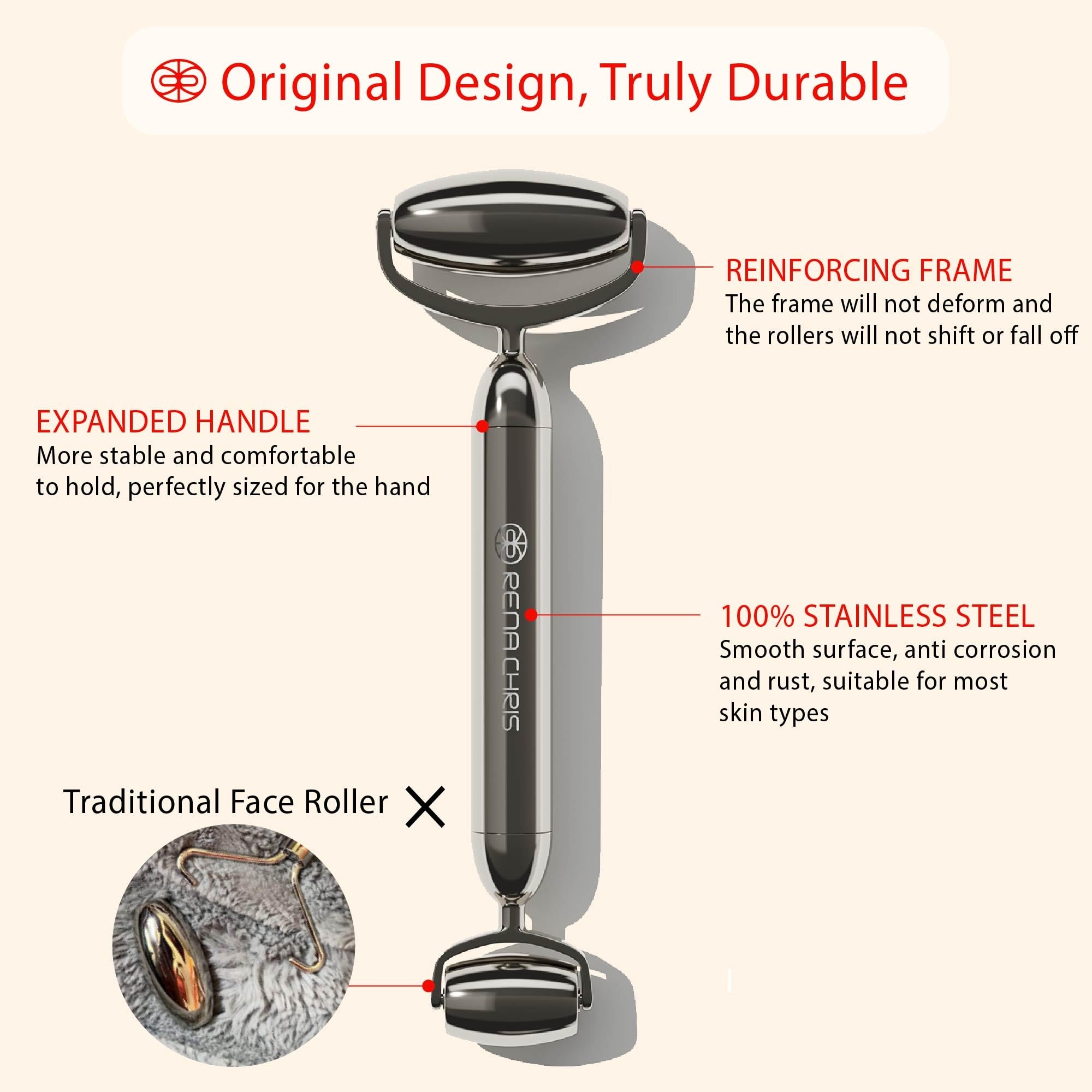 Rena Chris Gua Sha and Face Roller Set: Anti-Breakage Stainless Steel Roller for Long-Lasting Use, Jawline Sculpting and Puffiness Reducing, Gua Sha Facial Tools for Self Care Gift (Silver)
