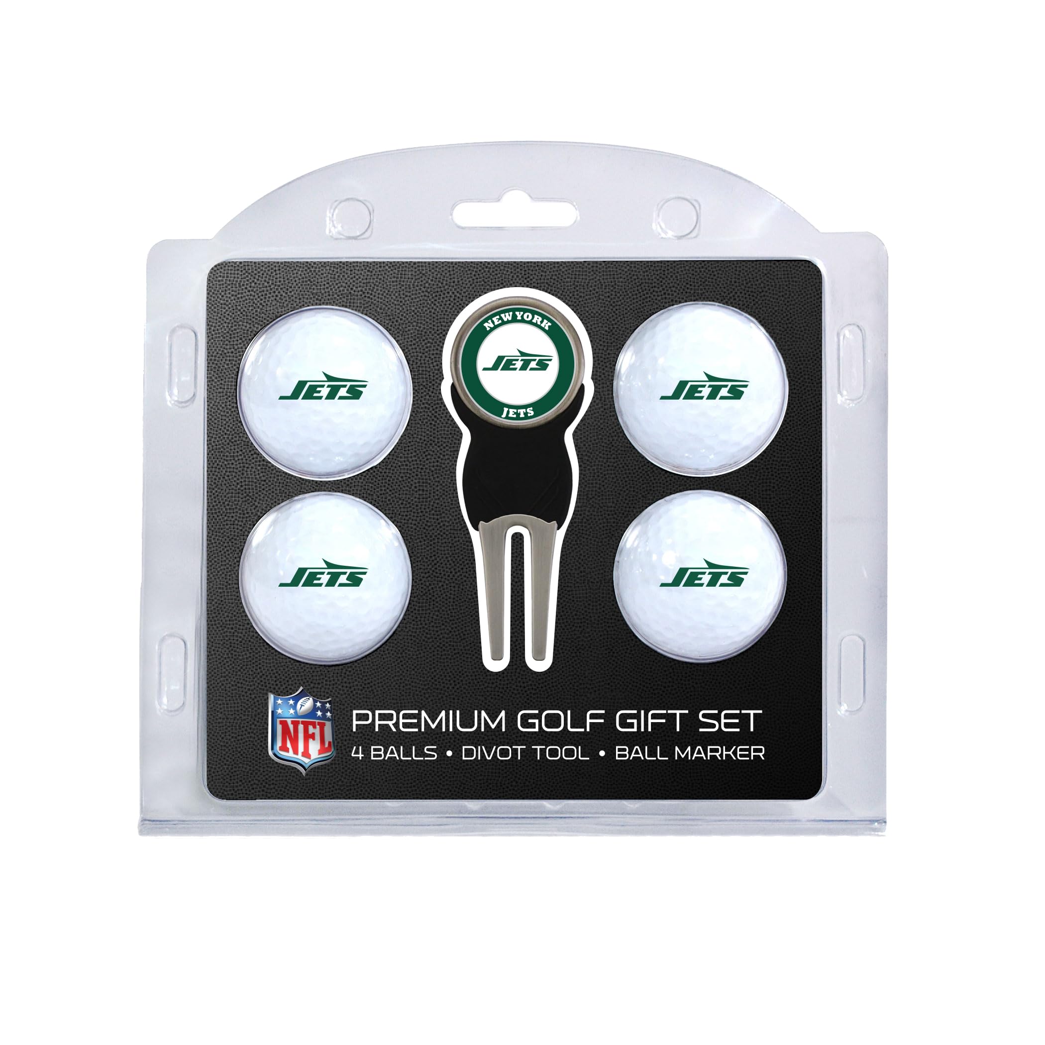 Team Golf NFL New York Jets 4 Golf Ball And Divot Tool Set Regulation Size Golf Balls (4 Count) & Divot Tool with Removable Double-Sided Magnetic Marker