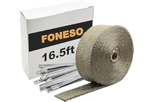 Foneso Exhaust Heat Wrap, 2in x 16.5ft Titanium Exhaust Muffler Tape Fiberglass Heat Shield Header Wrap for Car Motorcycle Pipes with 10 Pcs Stainless Steel Ties