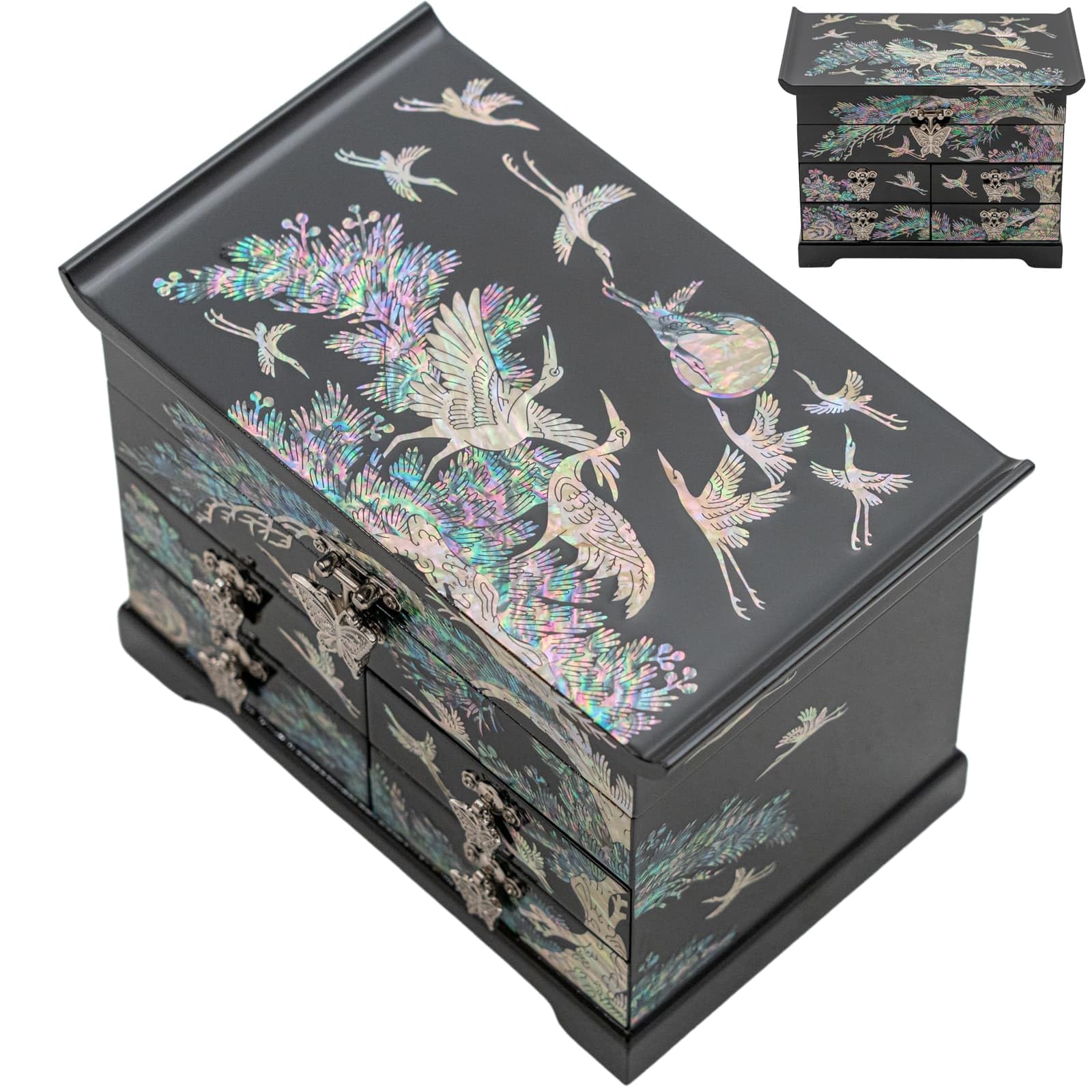 February Mountain Mother of Pearl Wooden Jewelry Organizer Box – Jewelry Storage Box for Women, Features Spacious Drawers, Ideal for Rings, Bracelets, Watches, Chains, Accessories (Crane_Black)