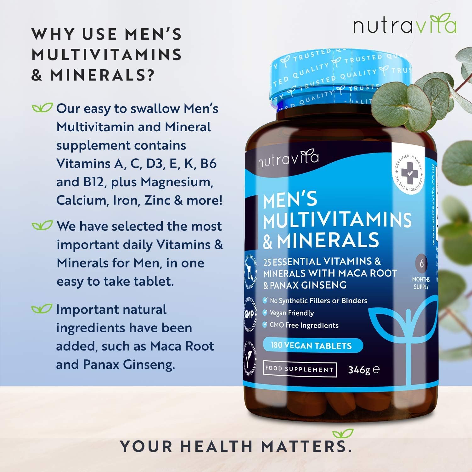 Nutravita Men's Multivitamins and Minerals, 25 Essential Active Vitamins and Minerals with Added Maca Root and Panax Ginseng - Image 3