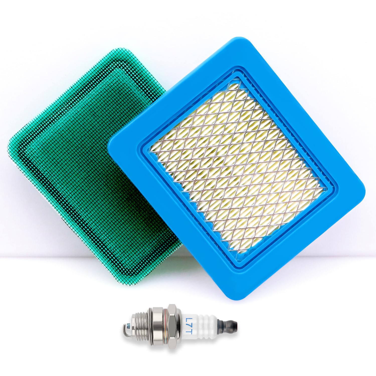 VooGenzek 1 PC Lawn Mower Air Filter, 1 PC Spark Plug L7T, 1 PC Pre-filter, Lawnmower Spark Plug, 491588S Air Filter Cartridge, Compatible with Briggs and Stratton 491588 4915885 399959 PT15853