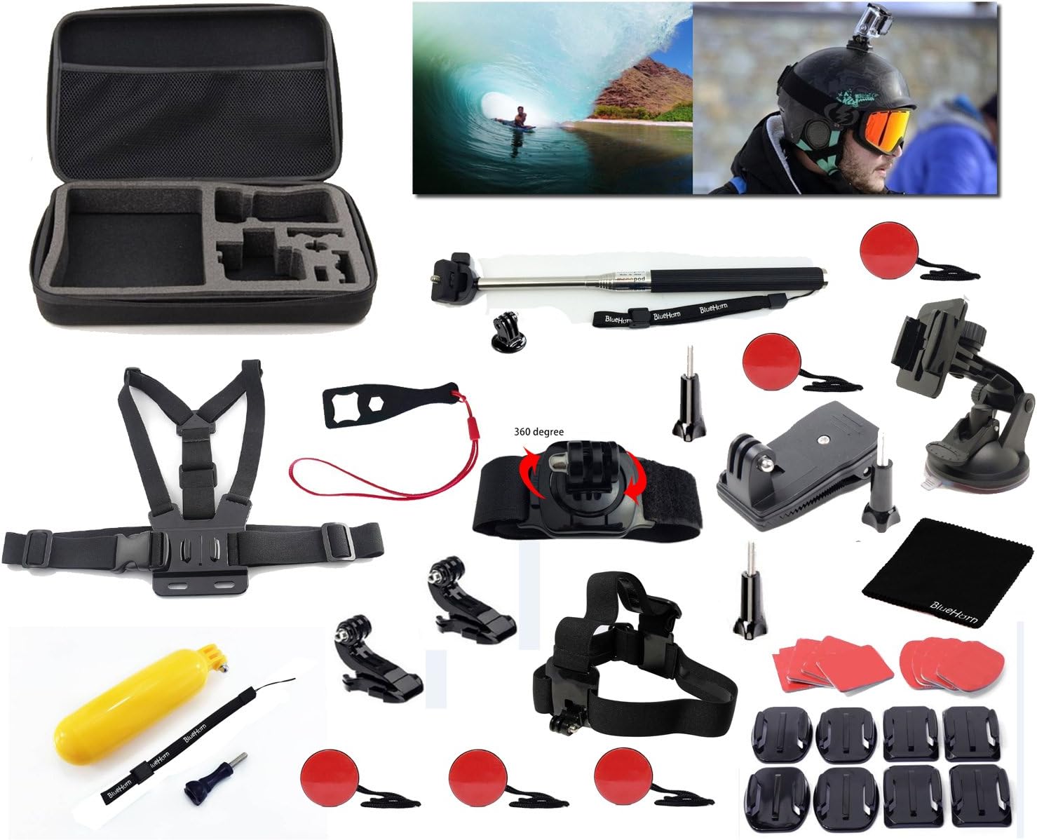 BlueHorn Outdoor Sports Professinal 30-in-1 Kit for GoPro Hero4 Black/Silver Hero 4/3+/3/2/1, Shockproof Travel Storage Carry Case Box Suit Bag + Head Strap Mount + Chest Body Strap Belt Mount + 360 Degree Rotating Wrist Mount Holder + Extendable Handle Monopod + Suction Cup Mount Holder + Floating Handle Grip Mount+ 360 Rotary Clip Mount + 2 Pack Surface J-Hook + 2 Pack Curved Adhesive Mounts +1 Tripod mount adapter + 2 Pack Flat Adhesive Mounts + 3 Pack Long Screw Bolt +5pcs Buckle Tethers Straps+ Adhensive Mounting Kit + Wrench Spanner Screw Tool+ Cleaning Cloth