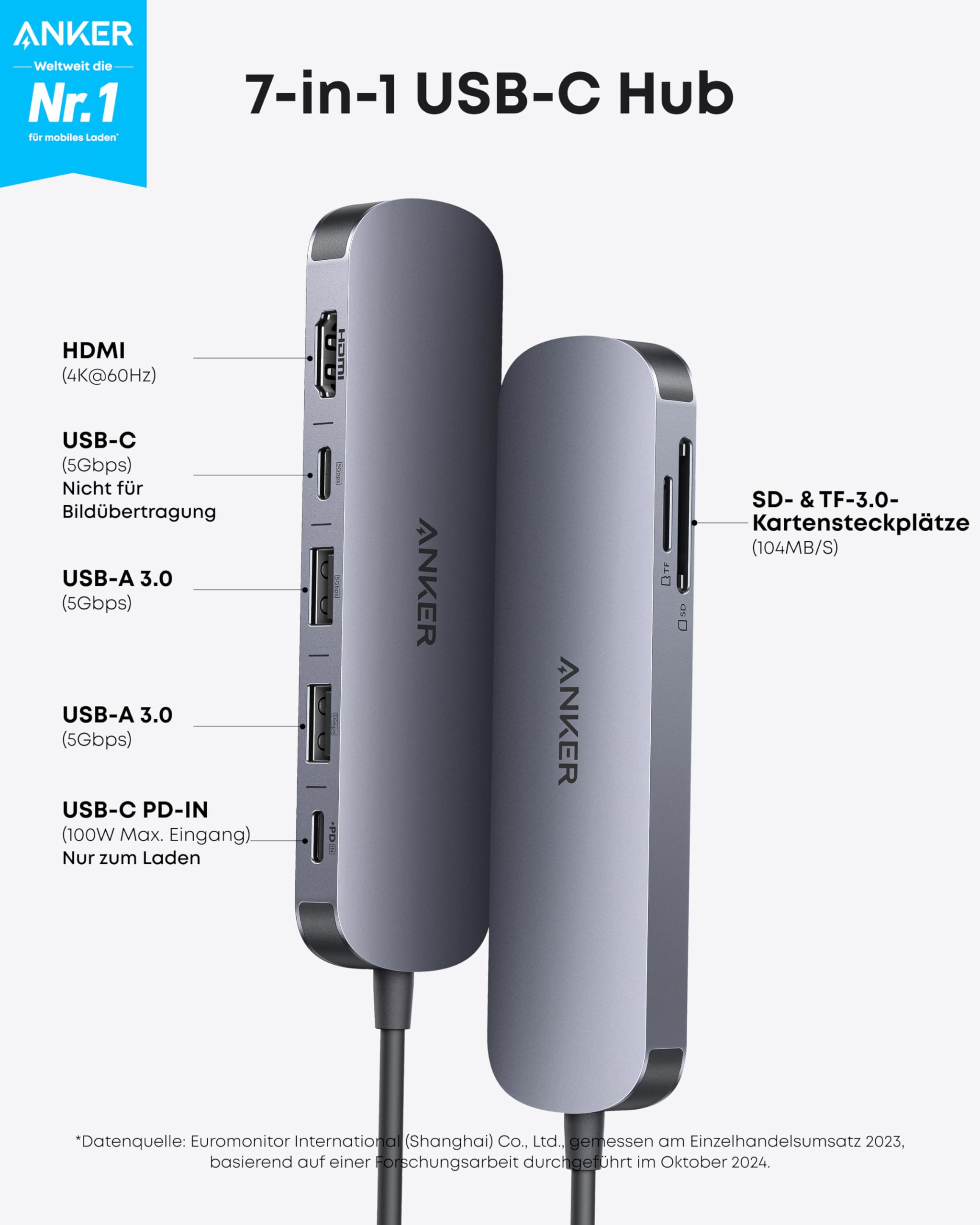 Anker 7-in-1 USB-C Hub mit 4K@60Hz HDMI, 85W Power Delivery, USB-A/C-3.0-Ports und SD/microSD-Kartenleser für USB-C Geräte (ohne Netzteil) 2