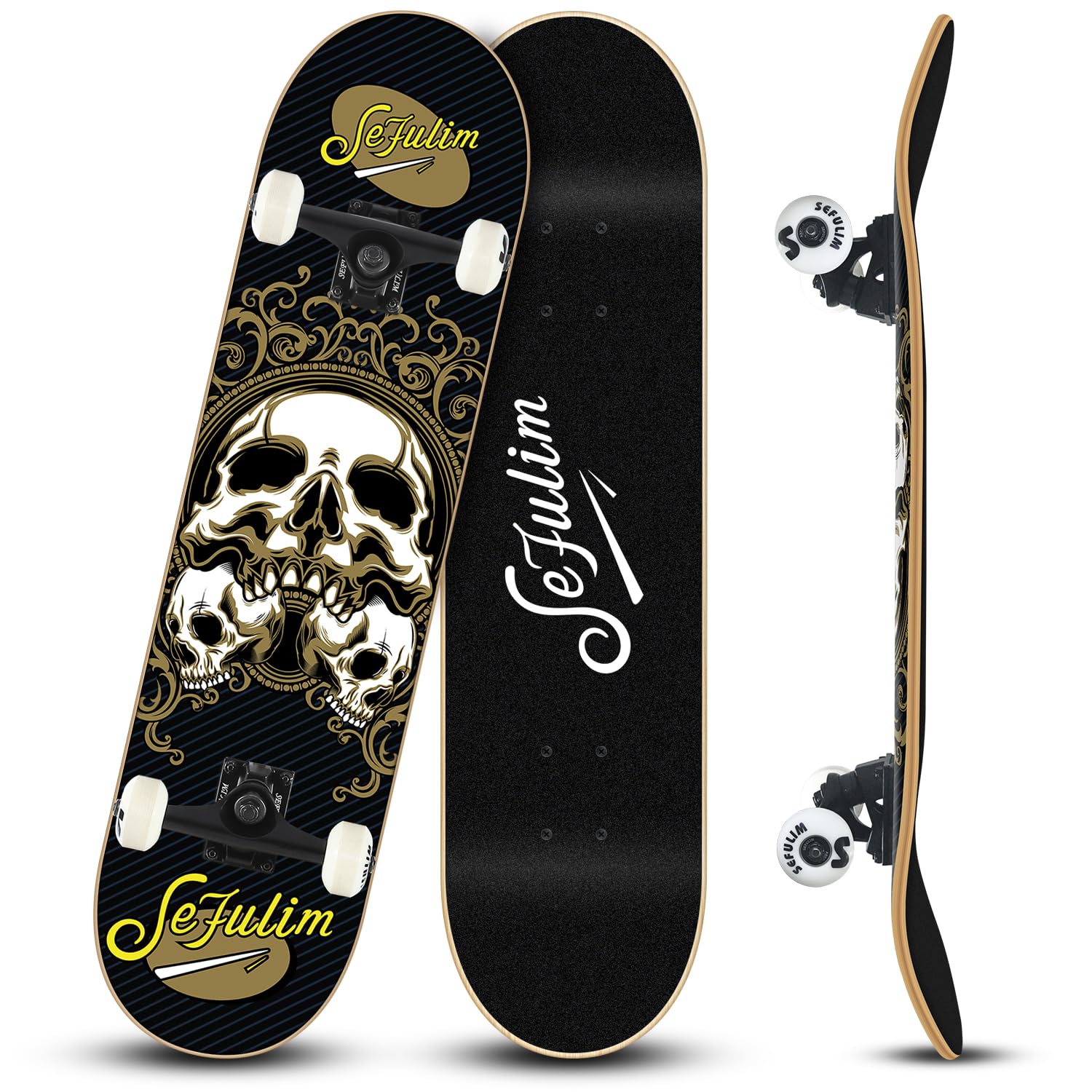 Sefulim 31 x 8 Inch Complete Skateboard 7 Layer Canadian Maple Double Kick Deck Concave Cruiser Trick Skateboard for Boys Girls Teens Adults Beginner — image 1