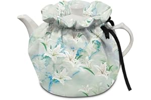 Freewander Tea Cozies Cover of Teapots Insulation Cotton Vintage Warm Kettle Cover Breakfast Tea Pot Cover Kitchen Tea Pot Dust Cover with Elastic Band,White Lily Print