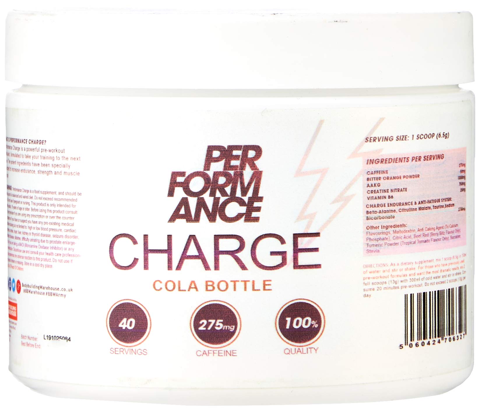 Bodybuilding Warehouse Performance Charge Pre Workout Supplement High Caffeine Creatine Vitamin B6 Energy Drink Powder White Cola Bottle 280 Gram Buy Online In Guyana At Desertcart 110789109