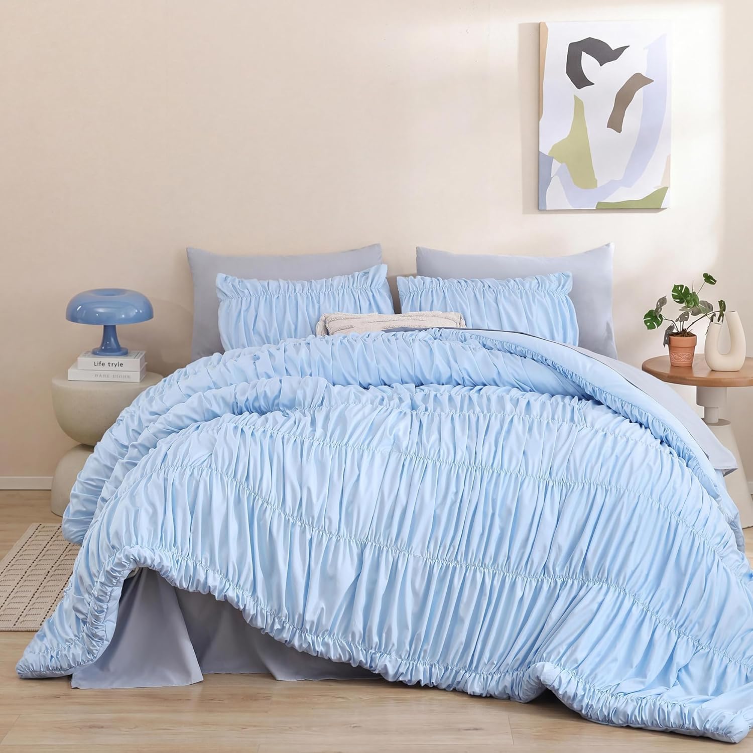 weigelia Cinched Comforter Set Queen – Soft Ruched Bedding Set, 3PCS Light Blue All-Season Fluffy Lightweight Comforter with Pillowcases for Bedroom, Apartment & Dorm Decor Image