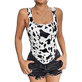 WDIRARA Women's Cow Print Square Neck Sleeveless Curved Hem Casual Summer Tank Top