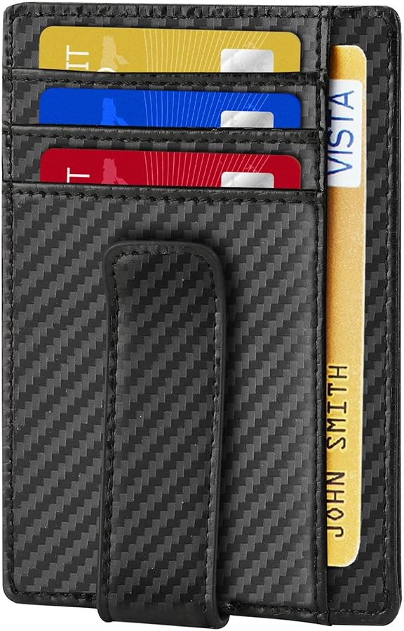 RFID Blocking Money Clip Wallet, Slim Minimalist Leather Wallets for Men (Black, Carbon Fiber)