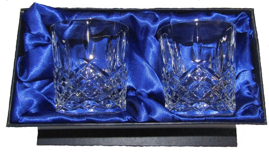Hand Cut 24% Crystal Whiskey Glasses with Black and White 2 x