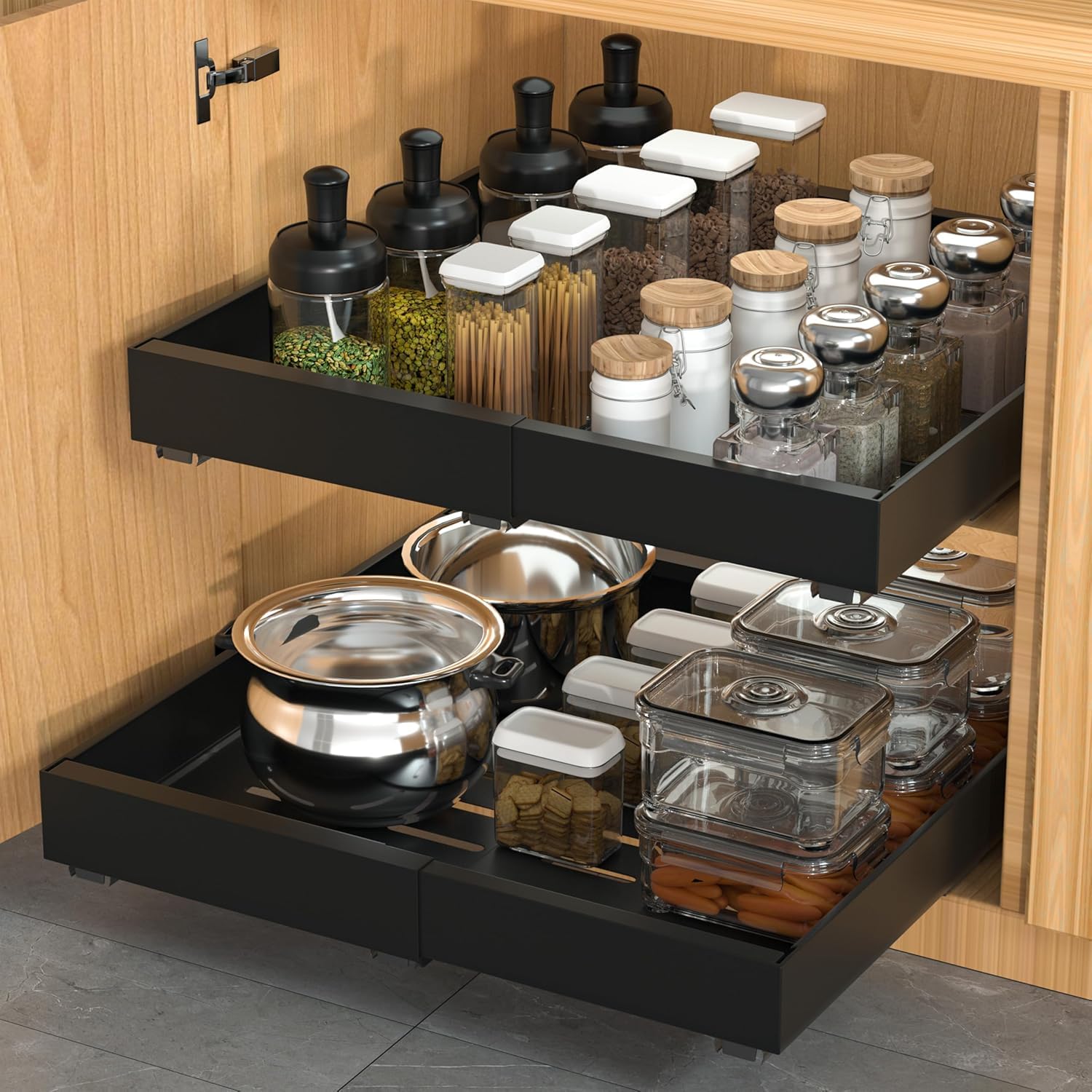 Photo 1 of DEKAVA 2 Pack Pull Out Cabinet Organizer Expandable, Adhesive with Nano Film, Pull Out Drawers for Cabinets in Kitchen, Pantry or Bathroom (Black, 21" DEEP/[9.3"-14"] Width)