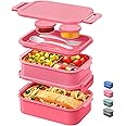 DaCool Adults Bento Box Lunch Box - Stackable All-in-One Leakproof Bento Lunch Box for Adults Women Girls 74 OZ Large Lunch Containers with Fork Spoon Sauce Boxes for Work School Dining Out, Pink