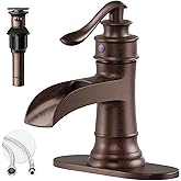 BATHLAVISH Copper Waterfall Bathroom Faucet, Single Handle Bathroom Sink Faucet 1 Hole or 3 Hole, Vanity Sink Faucet for Vintage Antique Lavatory Washroom with Pop Up Drain, Deck, 2 Hoses
