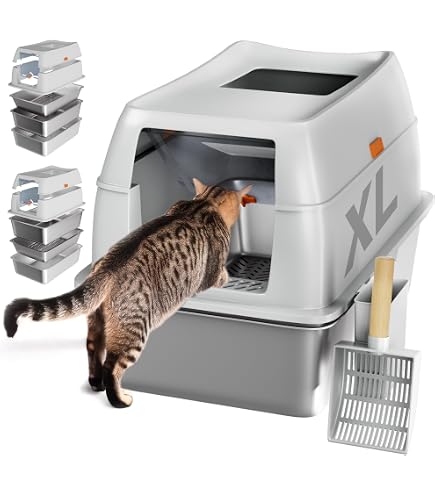 Extra Large Stainless Steel Cat Litter Box – XXL Enclosed With Odor Control, Mat & Scoop Included