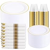 DaYammi 350PCS Gold Plastic Dinnerware Set for 50 Guests, Fancy Disposable Plates for Party, Include: 50 Dinner Plates, 50 Dessert Plates, 50 Pre Rolled Napkins with Gold Silverware, 50 Cups