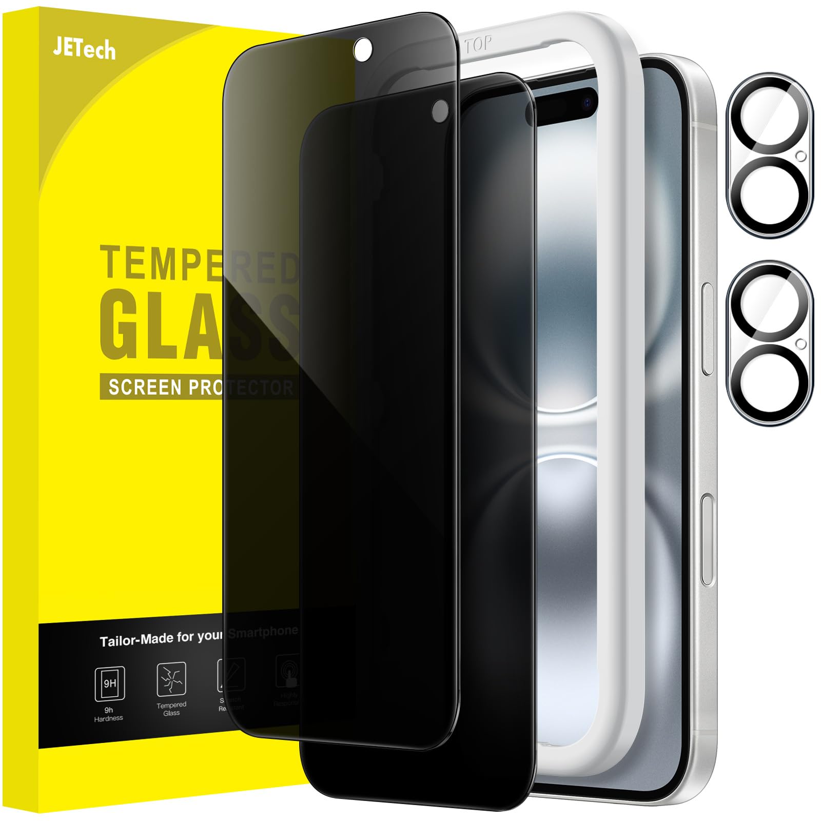 Photo 1 of JETech Privacy Screen Protector for iPhone 16 6.1-Inch with Camera Lens Protector, Anti-Spy Tempered Glass Film, Easy Installation Tool, 2-Pack Each