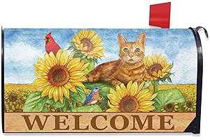 FBCOO Welcome Spring Summer Sunflower Cat Cardinal Mailbox Cover Magnetic Standard Size 21" x 19", Fall Autumn Kitty Tabby Flowers Decorative Post Letter Box Wrap Decor Red Bird Garden Yard Decoration