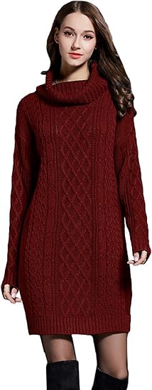 Amazon Eozy レディース ワンピース ニット チュニック 長袖 ハイネック ケーブル編み 春秋冬 着やせ ガールズ カジュアル セーター L ワインレッド ワンピース チュニック 通販