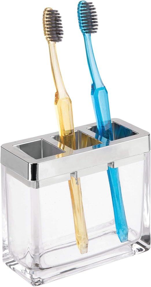transparente y plateado vaso de cristal y plástico porta cepillos